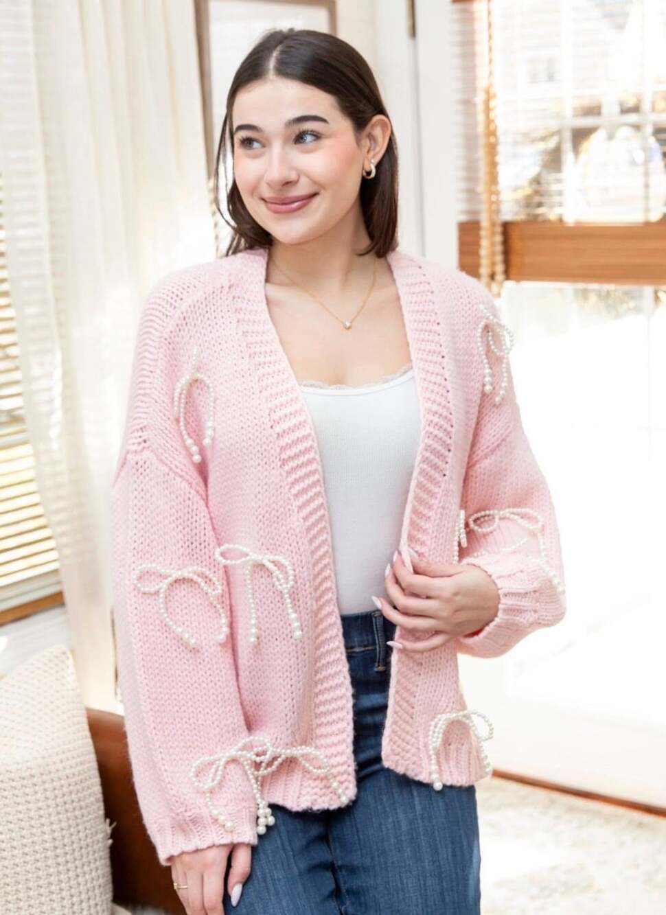 Baevely Pink Pearl Bow Chunky Knit Open Front Cardigan